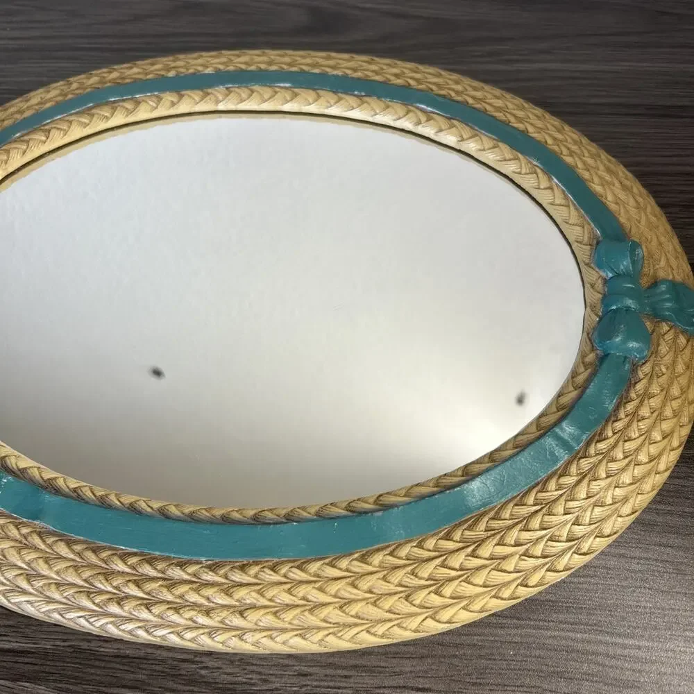 Vintage Burwood Faux Wicker Oval Mirror 2939 Teal Ribbon USA Wall Cottagecore
